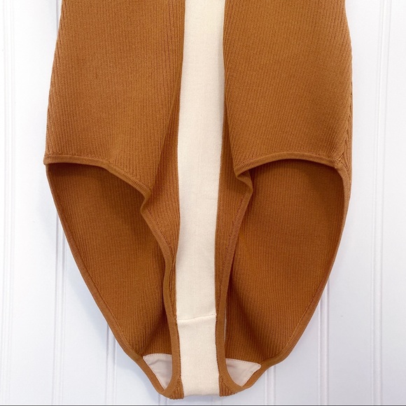 SANDRO Paris Nate Two-Toned Contrast-Trim Knitted Bodysuit In Ocre NWT - Picture 10 of 13